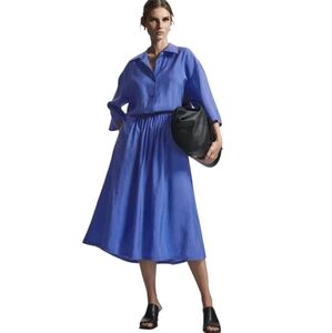 NWT COS Half Sleeve Midi Gathered Waist Shirt Dress Shirtdress In Blue Size 14